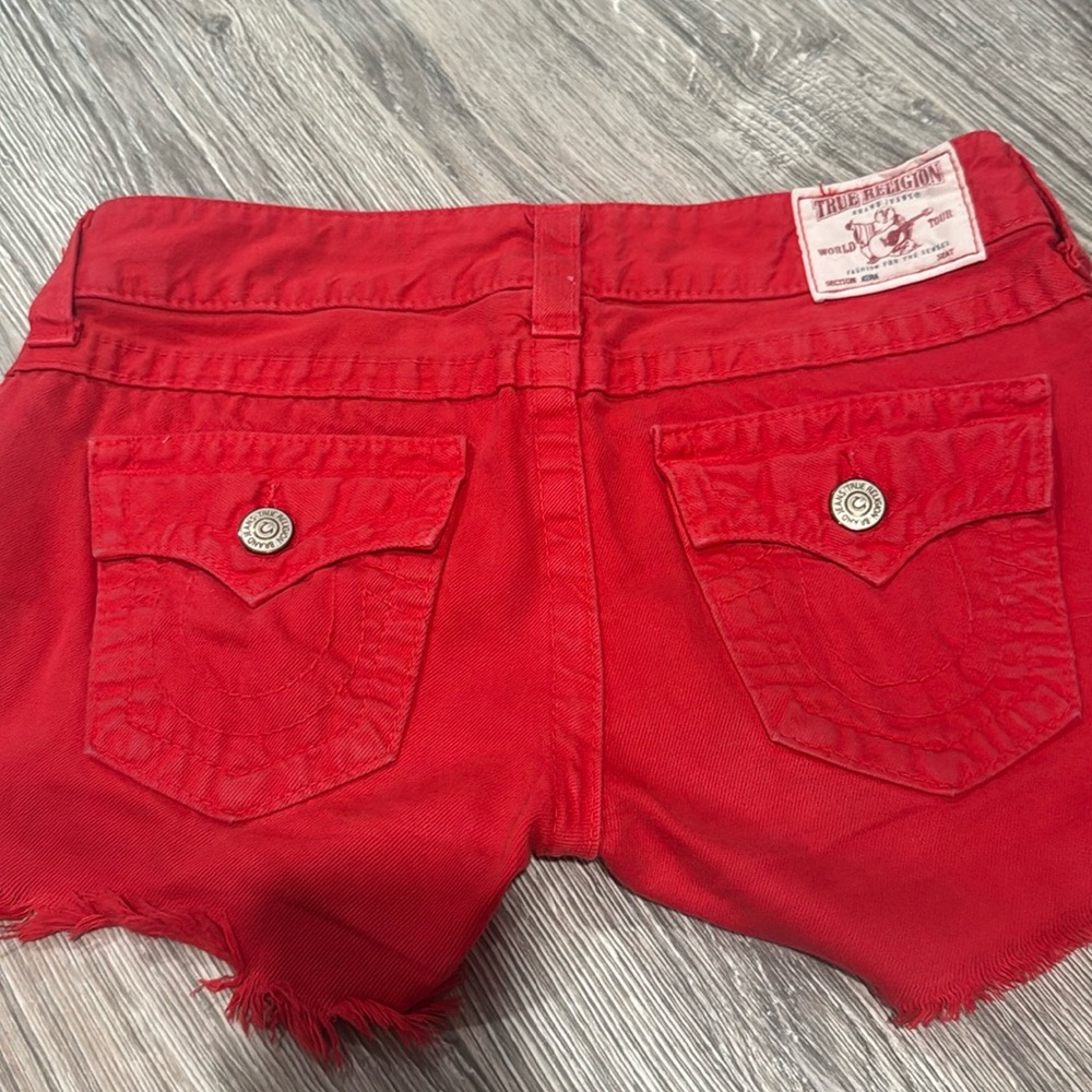 True religion, red denim shorts, great condition size 27
